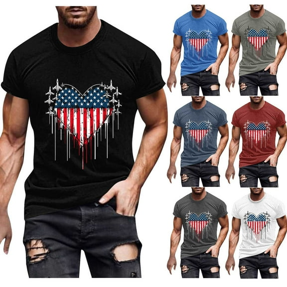 UVEASISHA American Flag Shirts Men Big and Tall 4th of July T Shirt Novelty Heart Print Patriotic Tshirt Independence Day Casual Crewneck Tees Black L