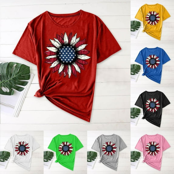 UVEASISHA American Flag Sunflower Shirts Women 4th of July Patriotic T-Shirts Star and Stripe Graphic Tees Gray XL