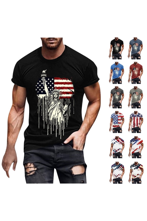 American Flag Tshirt Men Distressed Stars Stripes Print Short Sleeve T-Shirts Mens 4th of July Graphic Tees Crew Neck Casual 250th Anniversary Shirt Blue L