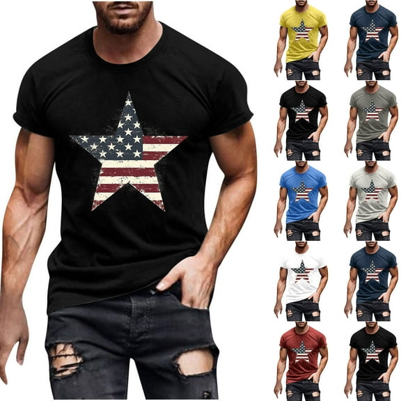 UVEASISHA American Flag Tshirts for Men Short Sleeve Stars and Stripes Graphic Tee Cotton Basic Tees Casual T-Shirts Red L