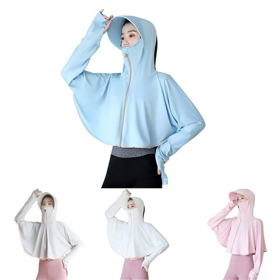 UVEASISHA Anti-UV Hoodie Shirt for Women Long Sleeve Sun Protection Shawl Jacket with Mask Cooling Full Zip Cycling Shirt White Free Size