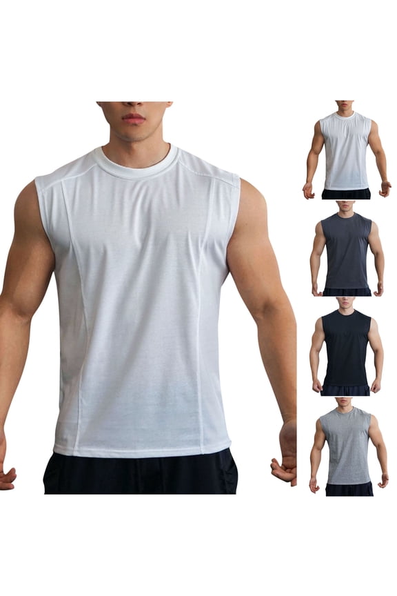 Athletic Tank Tops for Men Undershirt Cut off Sleeveless Muscle Shirts Crewneck Casual Gym Workout Tanks Solid Color Running Shirt White XL