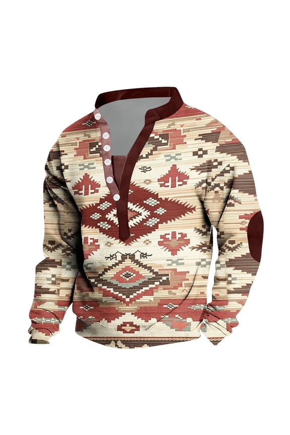 Aztec Ethnic Print Men's Henley Shirt Button Up Collarless Casual Tee Western Cowboy Long Sleeve Graphic Tees for Comfortable Daily Wear Wine XXL