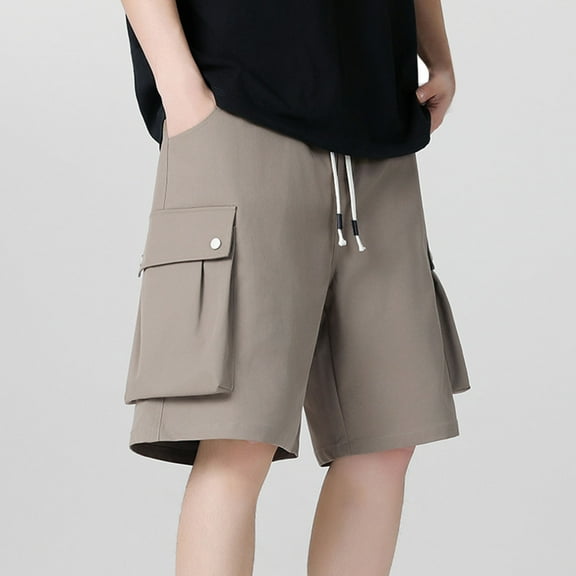 UVEASISHA Baggy Cargo Shorts for Men Drawstring Corduroy Shorts Solid Casual Street Short Pants with Pockets A-Brown M