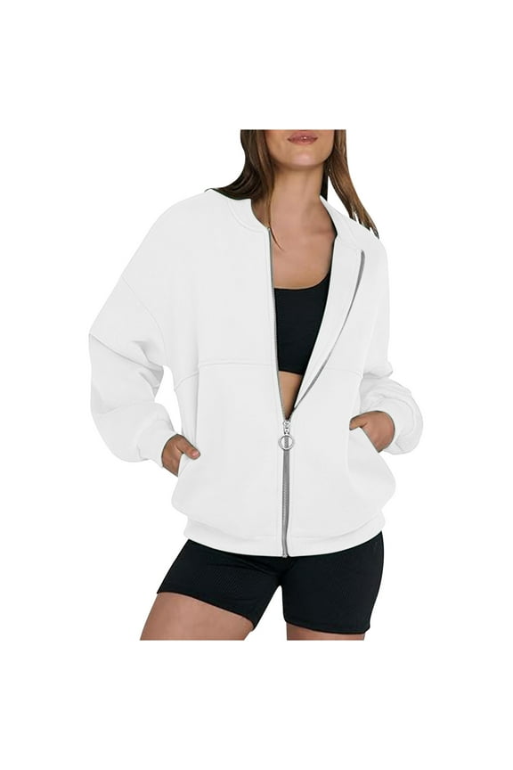 Baggy Jackets for Women Long Sleeve Bomber Jackets Casual Zip Up Outwear with Pockets White S