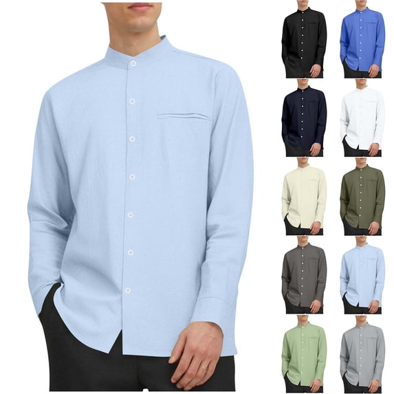 UVEASISHA Band Collar Linen Shirts for Men Long Sleeve Casual Button Down Shirt Side Slit Lightweight Business Work Shirts Navy M