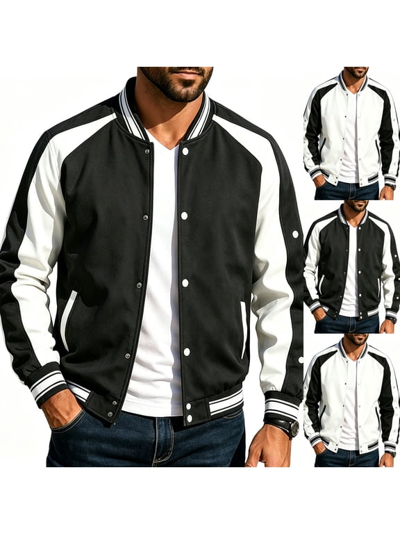 Baseball Jackets for Men Fashion Varsity Jacket Button Casual Letterman Bomber Jackets Outdoor Sports Running Cycling Jacket Black L