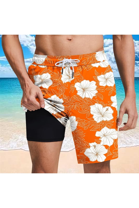 Bathing Suit for Men with Liner Summer Beach Floral Swim Trunks Comfort Elastic Waist Drawstring Board Shorts Regular Fit Surfing ShortsYellow S