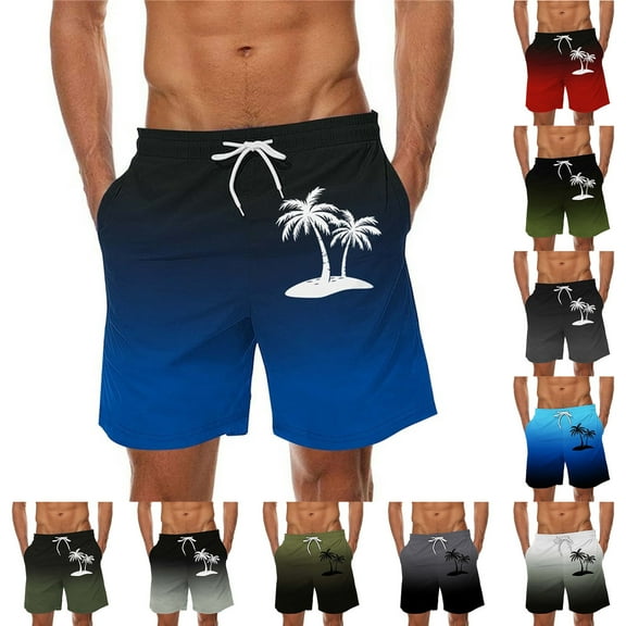 UVEASISHA Beach Shorts for Men Summer Casual Palm Tree Gradient Print Swim Shorts Big and Tall Drawstring Elastic Waist Board Shorts with Pockets Silver 5XL