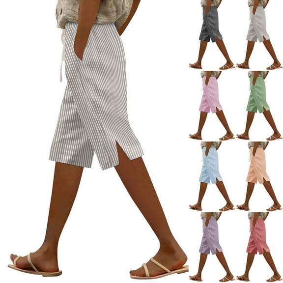 UVEASISHA Bermuda Shorts for Women Knee Length Cotton Linen Capris Summer 2025 Lightweight Straight Leg Beach Shorts with Pockets Dark Gray M