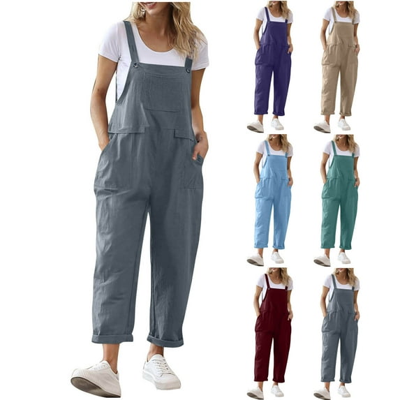 UVEASISHA Bib Overalls for Women Sleeveless Cotton Linen Jumpsuits One Piece Summer Casual Holiday Outfits with Pockets Light Blue XXL
