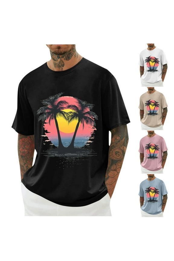 Big and Tall Beach T Shirts for Men Tropical Palm Tree Graphic Tees Summer Short Sleeve Crewneck Hawaiian Shirt Loose Fit Casual Vacation Tshirt Khaki L