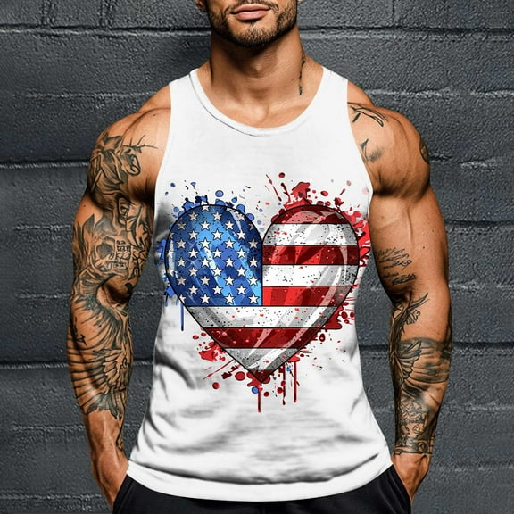 UVEASISHA Big and Tall Funny Tank Tops for Men 4th of July Heart Print Muscle Shirts Summer Sleeveless Patriotic Graphic Tees Slim Fit Casual Workout Shirt White 4XL