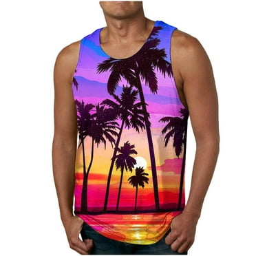 UVEASISHA Big and Tall Graphic Tank Tops for Men Sleeveless Sunset Coconut Print Graphic Tee Shirts Casual Loose Palm Tree Hawaiian Tank Top Purple,XXXL