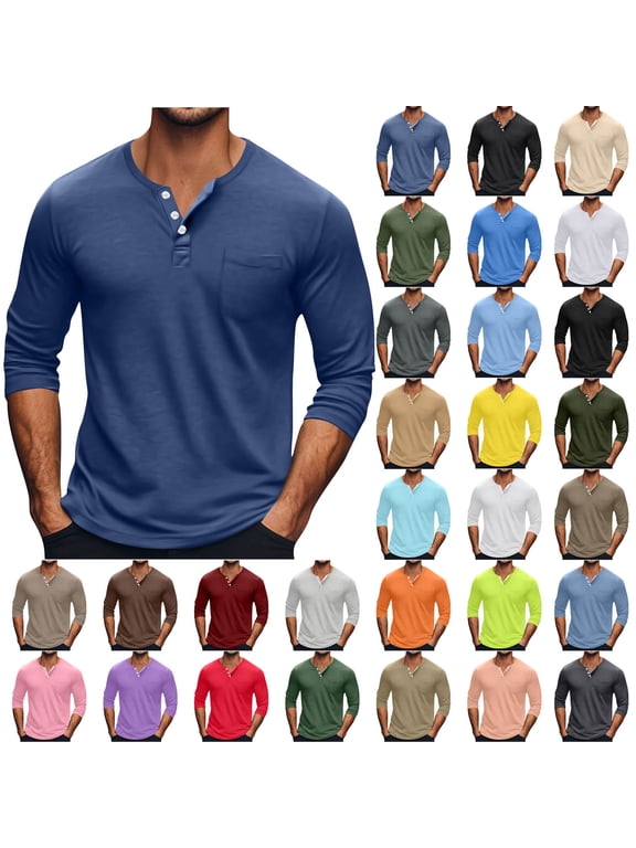 Big and Tall Henley Shirts for Men Button Up V Neck Long Sleeve Tee Shirt Fall Casual Regular Fit T-Shirts Solid Color Workout Tops Black XXL