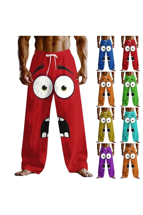 Big and Tall Linen Pants for Men Novelty 3D Cartoon Face Print Lounge Pants Lightweight Casual Beach Slacks Elastic Waist Drawstring Straight Trousers Blue XL