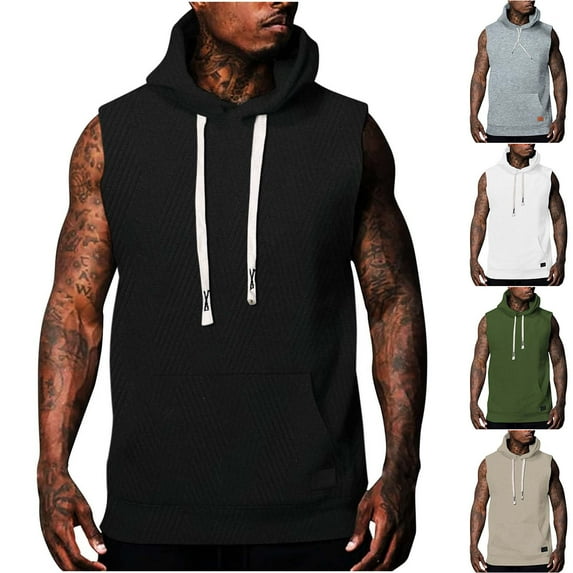 UVEASISHA Big and Tall Muscle Shirts for Men Waffle Knit Casual Hooded Tank Tops Summer Sleeveless Hoodie Shirt Solid Color Workout Tanks with Pocket Black M