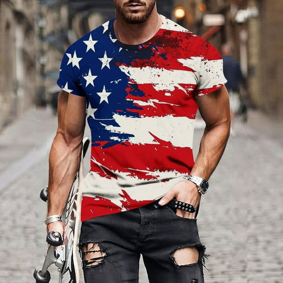 UVEASISHA Big and Tall Patriotic Shirts for Men USA Stars and Stripes Print T Shirt 4th of July Slim Fit Casual Workout Shirt Holiday Novelty Graphic Tees Red 5XL