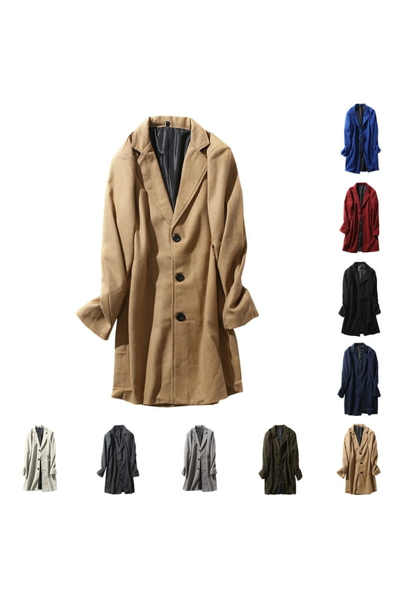 Big and Tall Peacoat Men Loose Fit Casual Single Breasted Long Trench Coats Winter Warm Wool Blend Notched Collar Overcoat with Pockets Black 5XL