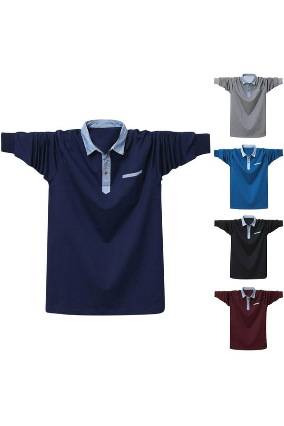 Big and Tall Polos Shirts for Men Lightweight Loose Fit Golf Shirts Stylish Contrast Neck Long Sleeve Work Shirt with Chest Pocket Today Sales,Blue,5XL