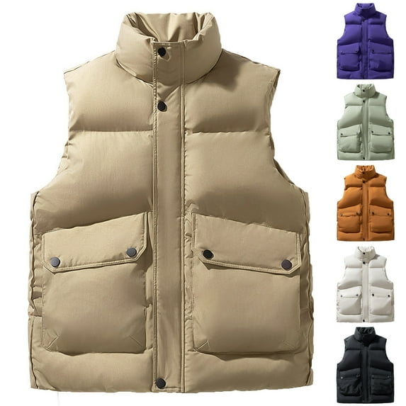 UVEASISHA Big and Tall Puffer Vest for Men Winter Warm Down Vest Full Zip Casual Sleeveless Stand Collar Waistcoat Outdoor Windproof Coats with Pockets Khaki XXL