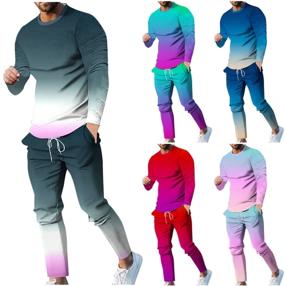 UVEASISHA Big and Tall Sweatsuit for Men,Mens Running Tracksuit Outfit Fashion Gradient Print Jogging Suits Long Sleeve Crewneck Workout Set Drawstring Pant Casual Sport Sets 90% off Clearance Sale