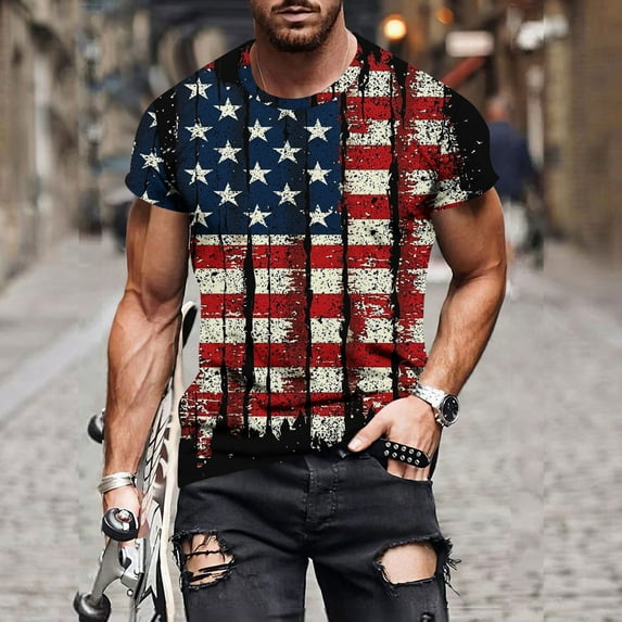 UVEASISHA Big and Tall American Flag Tshirts for Men 4th of July Short Sleeve Patriotic T-Shirts Vintage Streetwear Tee Tops Black L