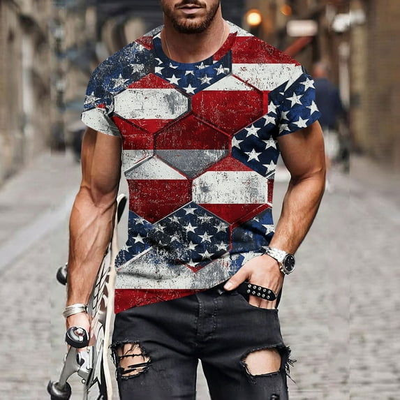 UVEASISHA Big and Tall American Flag Tshirts for Men 4th of July Short Sleeve Patriotic T-Shirts Vintage Streetwear Tee Tops Blue M