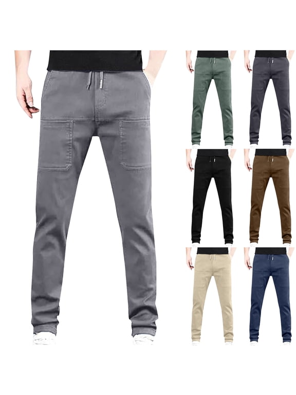 Big and Tall Drawstring Cargo Pants for Men Outdoor Waterproof Hiking Pants Elastic Waist Straight Leg Work Pants with Pockets Brown M
