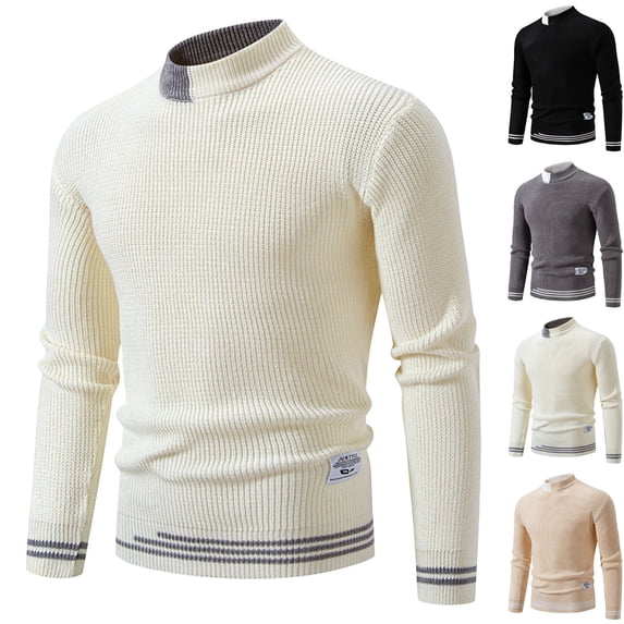 UVEASISHA Big and Tall Knit Sweaters for Men Colorblock Mock Neck Long Sleeve Pullover Slim Fit Casual Dress Sweater Textured Knitted Jumpers White M