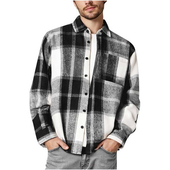 UVEASISHA Big and Tall Men's Plaid Shirts Long Sleeve Casual Button Down Shirt Color Block Vintage Business Work Shirts with Front Pocket Gray-2 3XL