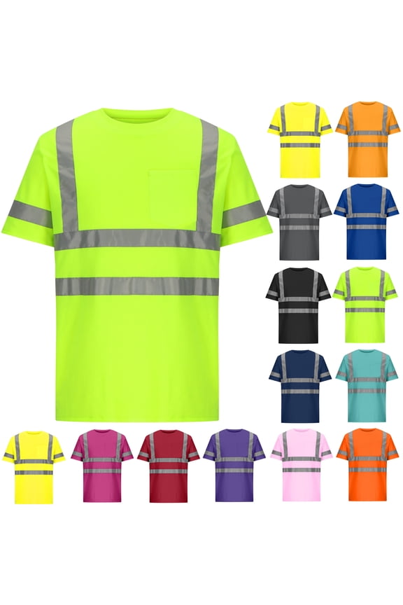 Big and Tall Safety T-Shirts for Men Class 3 Reflective Strip Summer Tees Short Sleeve Breathable Construction Work Shirt Green L