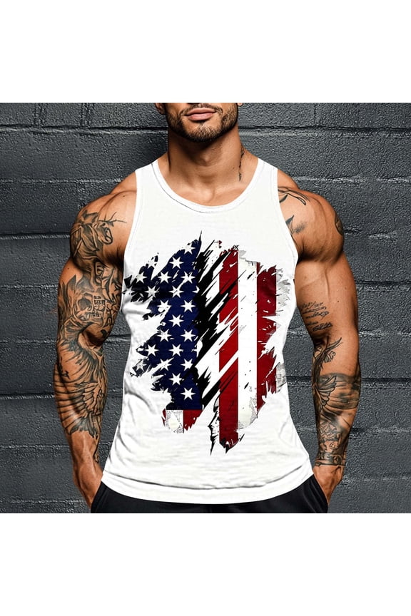 Big and Tall Tank Tops for Men Sleeveless American Flag Graphic Tee Quick Dry Gym Muscle Tanks White XXL