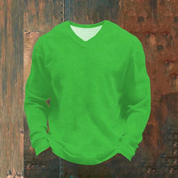 UVEASISHA Big and Tall V Neck Tshirts for Men Long Sleeve Waffle Knit Shirt Solid Color Regular Fit Pullover Gym Workout Textuered T-Shirts Green 4XL