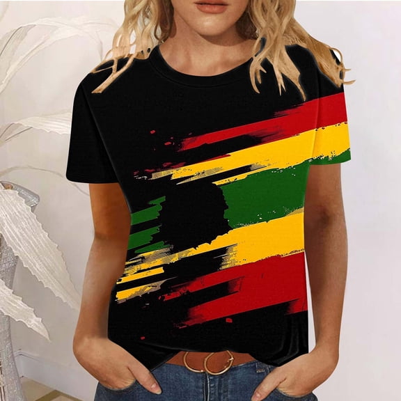 UVEASISHA Black History Month Shirts for Women Pan African Color Block Graphic Tee Short Sleeve Cultural Pride Tops Multicolor XL