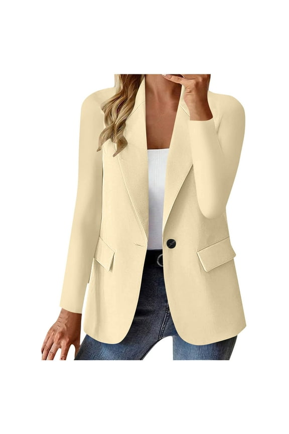 Blazers for Women Business Casual Long Sleeve Single Button Open Front Cardigan Lightweight Jacket Work Dressy Beige XXL
