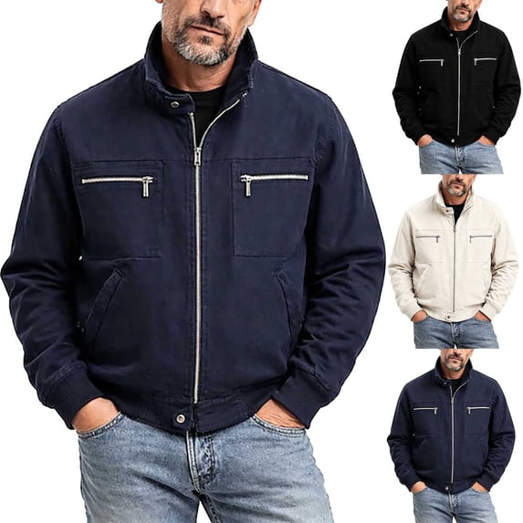 UVEASISHA Bomber Jackets Men Stand Collar Work Jacket Durable Casual Full Zip Utility Jackets Button Hem Lightweight Jacket with Zipper Pockets Beige L