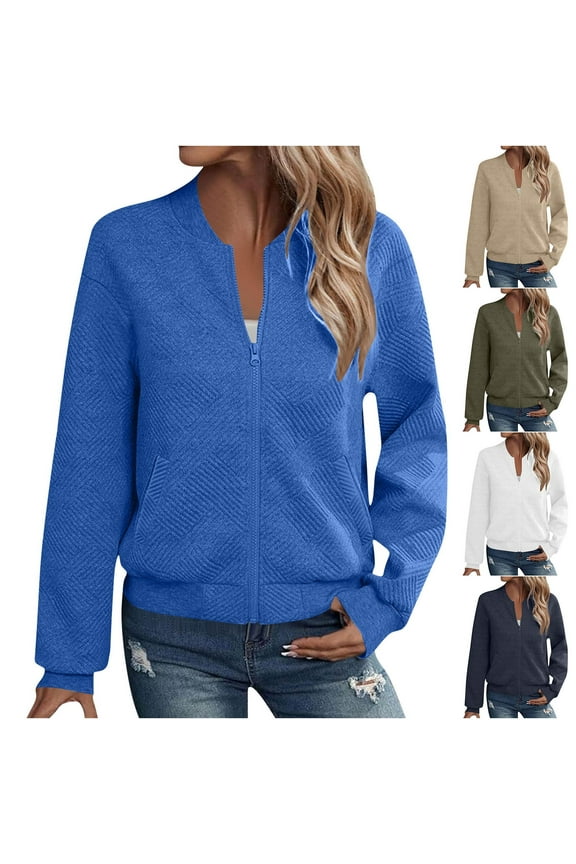 Bomber Jackets with Pockets for Women Long Sleeve Zipper Jacket Outwear Joggers Casual Workout Outerwear White L