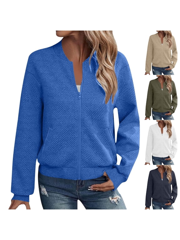 Bomber Jackets with Pockets for Women Long Sleeve Zipper Jacket Outwear Joggers Casual Workout Outerwear White S