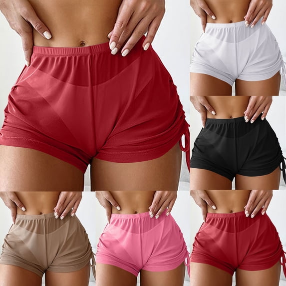 UVEASISHA Booty Shorts for Women Mesh Sheer Summer Beach Hot Pants Quick Dry Breathable Side Drawstring Running Shorts Red S