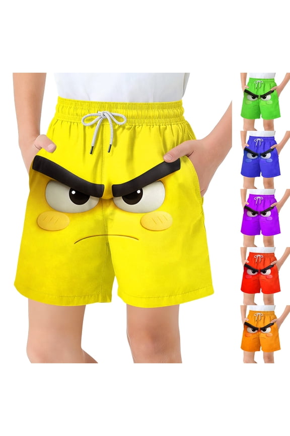 UVEASISHA Boys Angry Face Swim Trunks Elastic Waist Casual Shorts Bold Cartoon Print Swimwear for Pool Casual Wear Blue 6-7Years