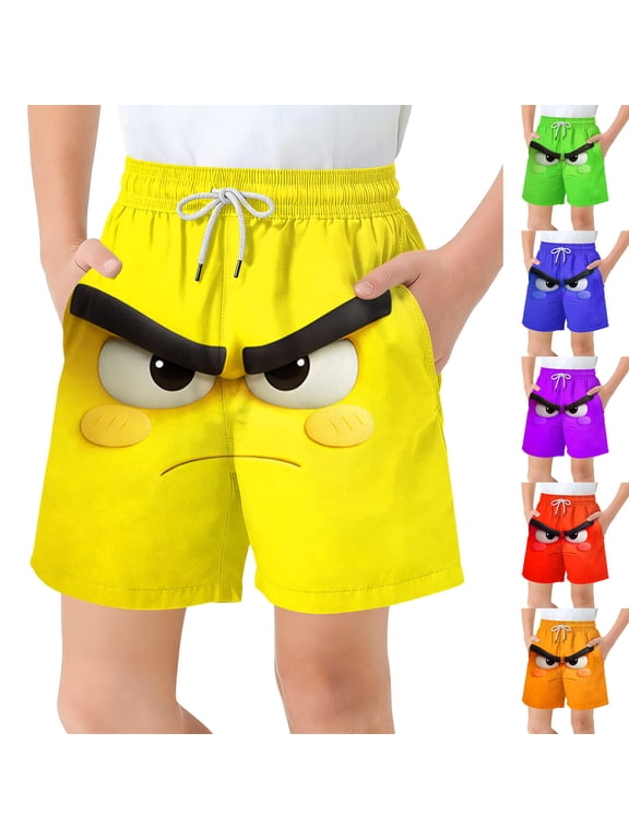 Boys Angry Face Swim Trunks Elastic Waist Casual Shorts Bold Cartoon Print Swimwear for Pool Casual Wear Green 11Years