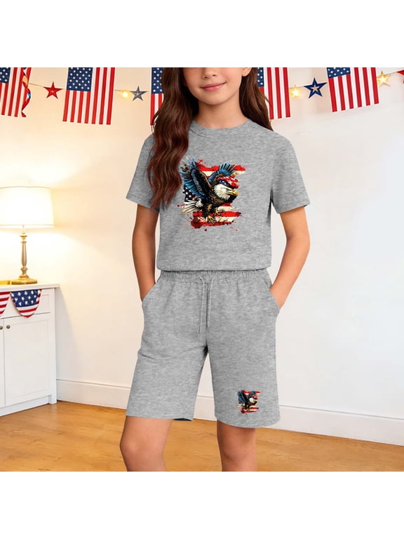 Boys Eagle Graphic Tee and Shorts Set 2 Piece Patriotic Summer Clothes Casual Outfit Gray 7 Years