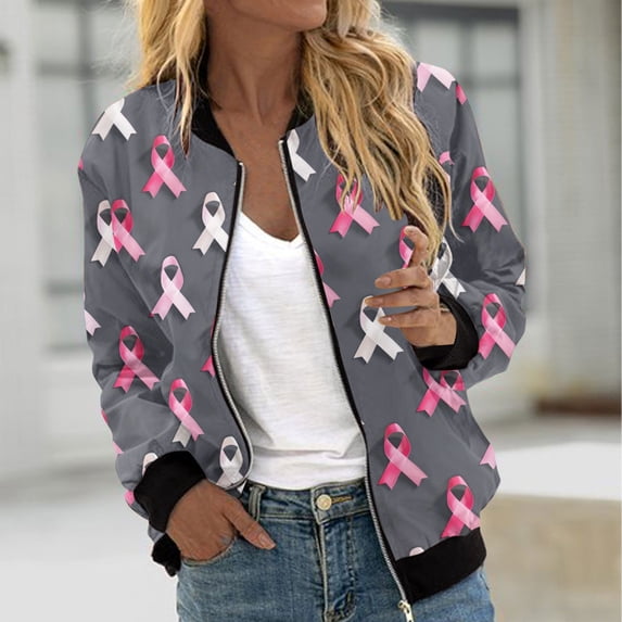 UVEASISHA Breast Cancer Awareness Bomber Jackets for Women Pink Ribbon Printed Zip Up Stand Collar Coats Fall Fashion Outerwear Multicolor#2 XL