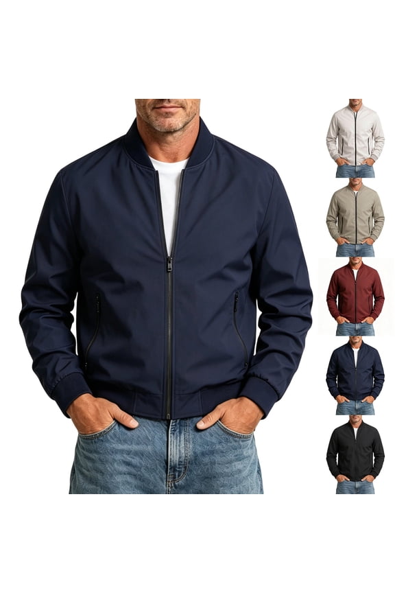 Business Casual Bomber Jacket Men Ribbed Collar Casual Windproof Jackets Solid Color Lightweight Varsity Jacket with Zipper Pockets Red M
