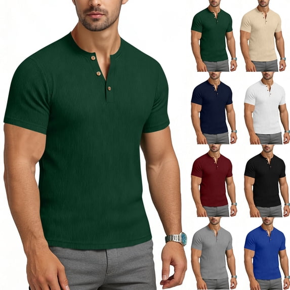 UVEASISHA Business Casual Henley Shirts for Men Ribbed Short Sleeve Collarless Tee Slim Fit Comfy Button Up T-Shirt Solid Color Office Shirt Wine 4XL