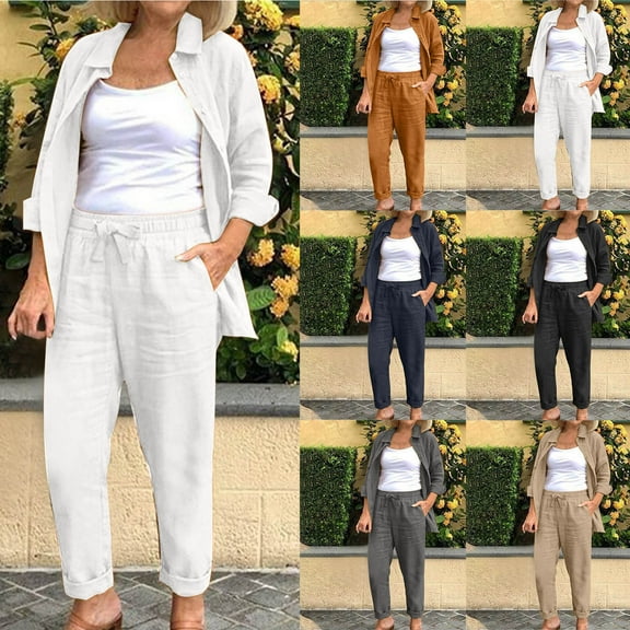 UVEASISHA Business Casual Outfits for Women 2 Piece Cotton Linen Matching Sets Long Sleeve Lapel Button Down Shirts and Straight Leg Pant Suit Set Black XXXL