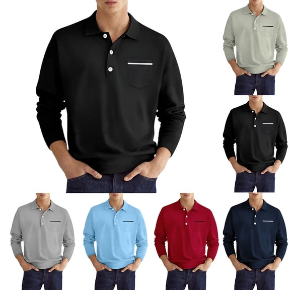 UVEASISHA Business Casual Polos Shirts for Men Cotton Stretch Golf Poloss Regular Fit Long Sleeve Button V Neck T-Shirt with Front Pocket Sales Today,Red,2XL