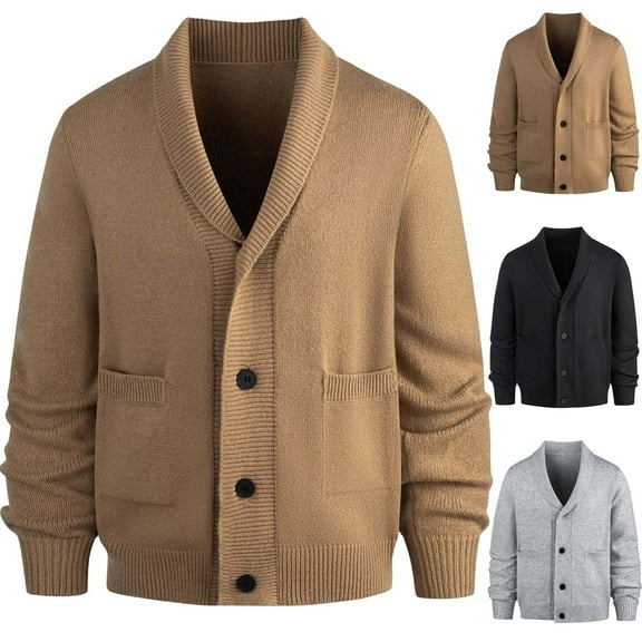 UVEASISHA Button Down Cardigan Sweater for Men Shawl Collar Casual Open Front Cardigans Solid Color Regular Fit Cable Knit Sweater Jackets with Pockets Gray L