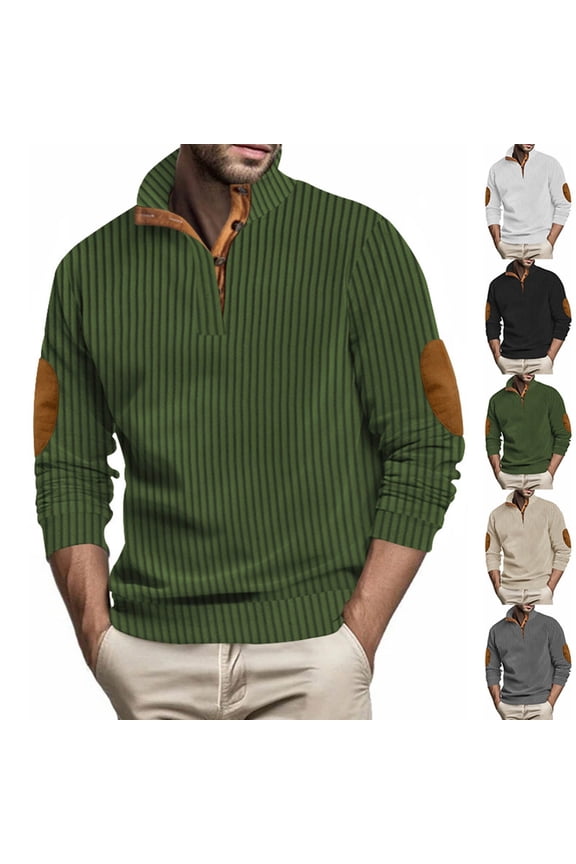 Button Collar Sweatshirts for Men Knitted Print Casual Pullovers Fall Winter Long Sleeve Vintage Sweatshirt with Elbow Patches Black XXL